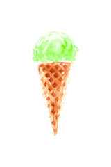Green mint ice cream in classic waffle cone isolated on white background.