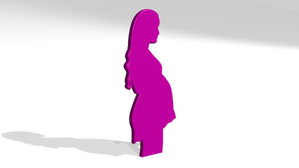 pregnant woman from a perspective on the wall. A thick sculpture made of metallic materials of 3D rendering