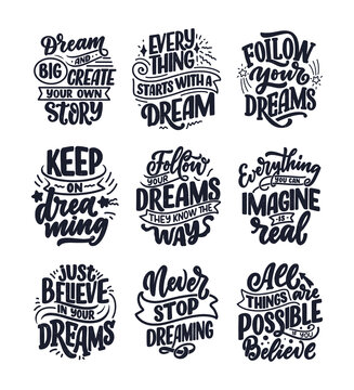 Naklejki Set with inspirational quotes about dream. Hand drawn vintage illustrations with lettering. Drawing for prints on t-shirts and bags, stationary or poster.