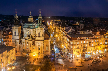 Aerial night view of the historic Prague city center