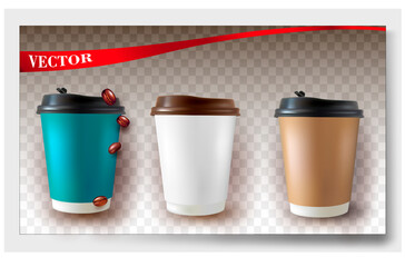 Vector realistic 3d illustration of black coffee cup.Cappuccino.Latte.Americano coffee on transparent background.Coffee beans.Paper coffee cup.