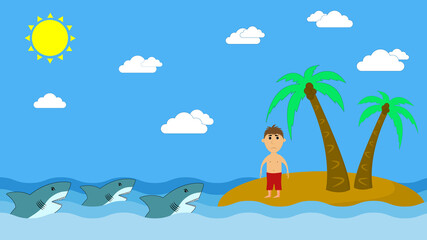 A lonely man on a desert island surrounded by three hungry predatory sharks. Cartoon picture.