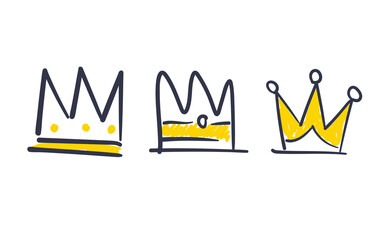 Set of hand drawn doodles crowns. Vector illustrations. Queen and King symbols.