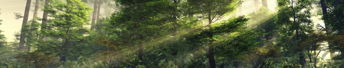 Fototapeta na wymiar Trees in the rays, the forest in the fog, morning haze in the forest, a ray of sun in the forest, 3D rendering