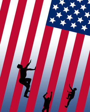 Silhouetted Figures Climb The Red Stripes Of A USA Flag In This Illustration About Illegal Immigration..