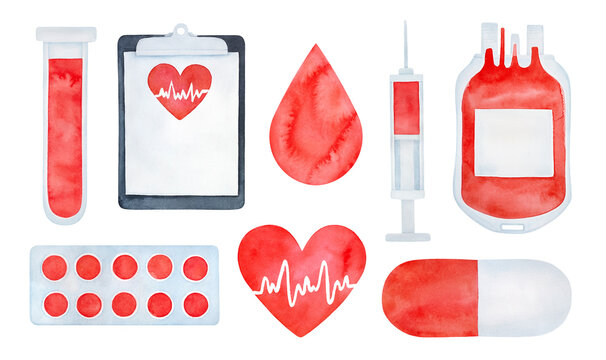 Water color set of medical and blood donor elements: droplet, lab tube, clipboard, tablets, blood bag, needle, pills, heart sign with heartbeat. Sketchy watercolour drawing, cutout clipart for design.