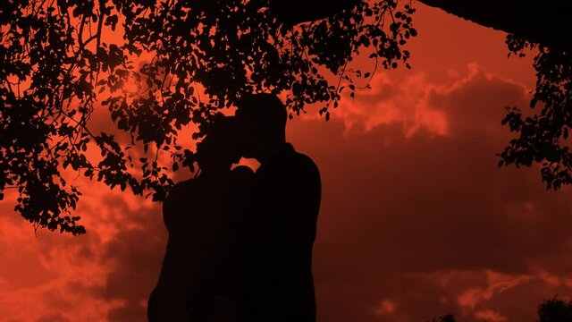 The two in love kiss in the sunset, man and woman silhouettes