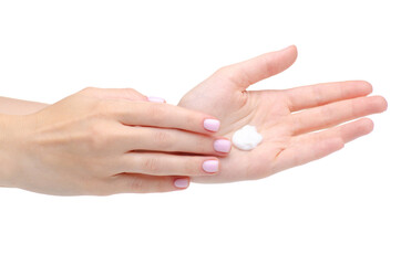 Female hands with cream on white background isolation