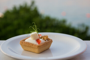 A single piece of finger food on a small white plate with a blurred green trees  in the background 