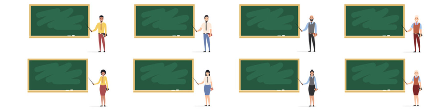 Set Of Happy Teachers Near The Blackboard. Teaching At An Educational Institution. Flat Style. Vector Illustration
