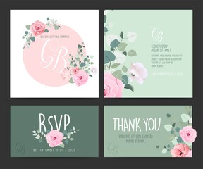 Wedding invitation design set. Pink, red roses, bridal veil, leaves, celebration.  Romantic, pastel hues. Message in the letter. Bunch of roses.