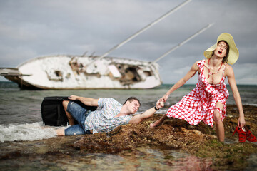 Man and woman escaped from their sunken yacht after storm. Concept with humor. 