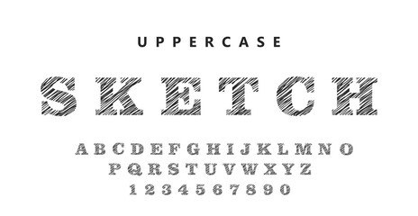 Vector sketchy line font. Vintage strips sketch line drawn style uppercase alphabet with numbers.