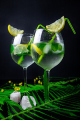 Refreshing summer cocktail of lemon, lime and ice cubes. Black background