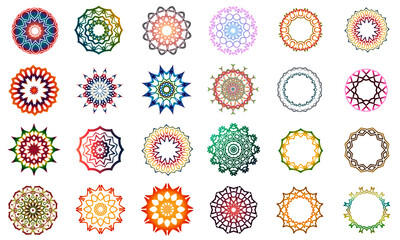 Set of 24 colorful mandala icons and frames