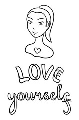 Portrait of girl without ear. Love yourself lettering. Body positive.