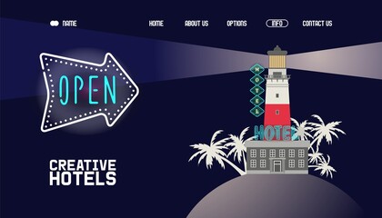 Neon banner, creative hotel open for visitors at night vector illustration. Motel building in lighthouse on coast with bright sign to attract customers. Ray light from top, palm trees.