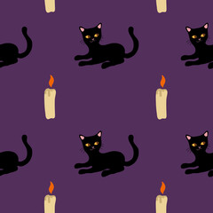 Seamless pattern of black cats and candles. Halloween pattern. Violet background. Festive decor