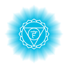 Vishuddha icon. The fifth guttural chakra. Vector blue gloss and shine. Line symbol. Sacral sign. Meditation