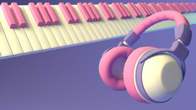 3d illustration of synth headphones music sound effect earphones earplugs dance video animation notes fly in air piano keys listen hear melody instrument live play pause sing background copy 