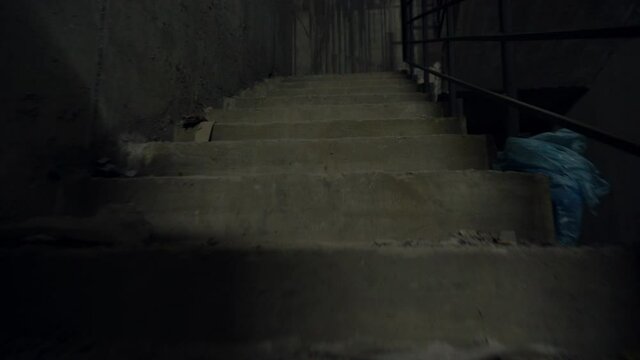 Man climbing a flight of dark shadowy steps