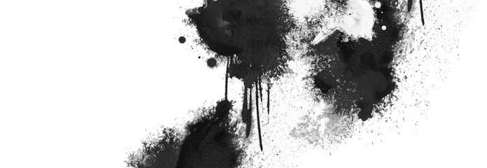 Foto op Plexiglas anti-reflex Black grunge ink blot isolated on white. Abstract smear acrylic and watercolor painting texture paper horizontal background. © Liliia
