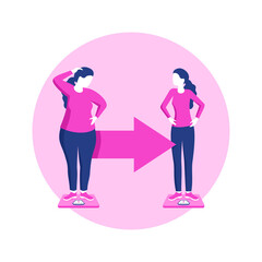 Weight loss before and after - cartoon fat and thin woman comparsion - vector fitness or diet program illustration