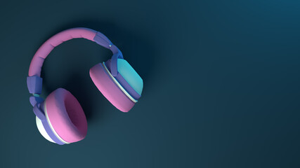 3d illustration 3d render of headphones music sound effect earphones earplugs podcast video animation notes fly in air cable wire listen hear melody instrument live play pause sing background copy 