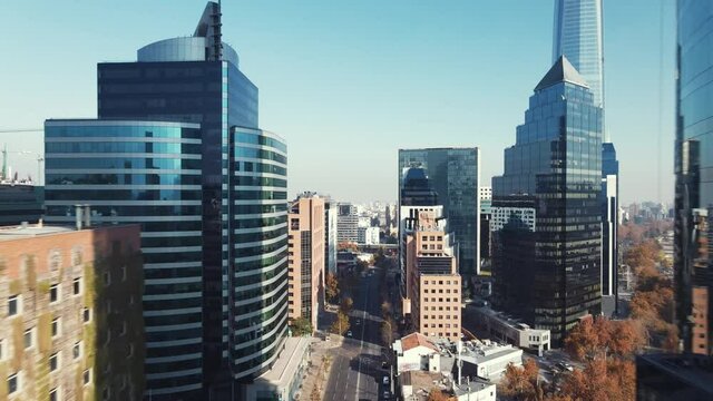 Aerial flying between skyscrapers in the middle of financial district of Santiago, Chile-4K