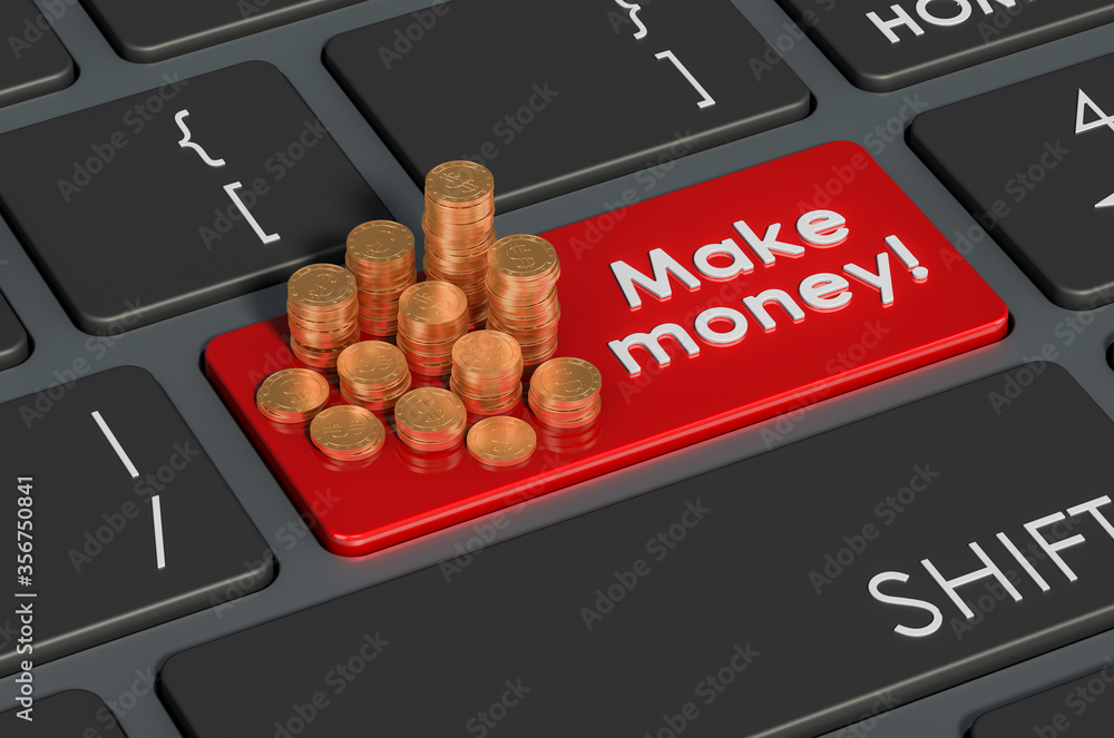 Aufkleber make money concept red keyboard button with golden coins, 3d rendering