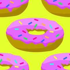 Fototapeta premium Donuts on a yellow background, seamless pattern, vector illustration