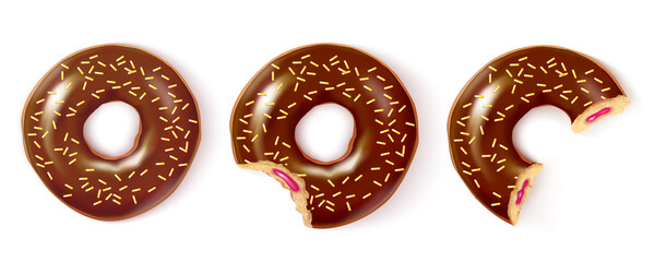 Three donuts on white background. Sweet donut with glaze and stuffing. Realistic vector illustration.