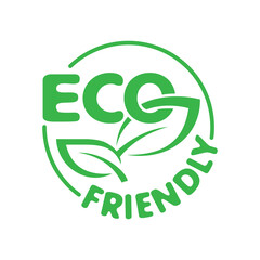 Eco friendly stamp for healthy or natural food products, cosmetics or technology packaging marking - circular green eco emblem with leaves