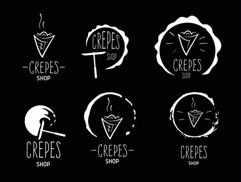 Hand drawn logos of crepes black background. Doodle vector illustration.