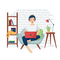 Fototapeta premium Young happy girl in home clothes is sitting in a chair with a laptop in headphones. Vector illustration of programmer coding, freelance. Remote work from home. Distance learning. Online shopping