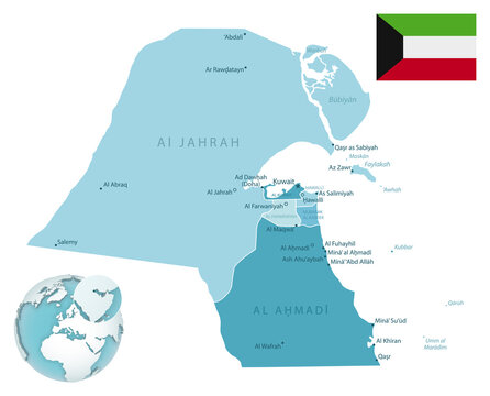 Kuwait administrative blue-green map with country flag and location on a globe.
