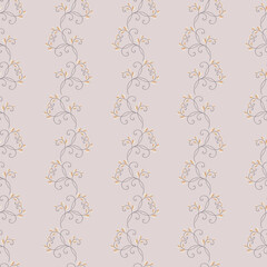 Subtle vector floral seamless pattern. Simple ornament with small leaves, curved branches, curly twigs. Abstract vintage background in pastel colors. Liberty style millefleurs. Design for wallpapers