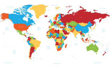 Fototapeta premium Mapa świata. Wysoka szczegółowa mapa polityczna świata z nazwami krajów, oceanów i mórz. Mapa wektorowa schemat 5 kolorów na białym tle