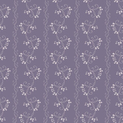 Subtle vector floral seamless pattern. Simple ornament with small leaves, curved branches, curly twigs. Abstract vintage background in pastel colors, lilac and purple. Liberty style millefleurs design