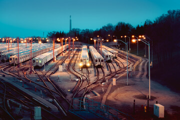 A subway yard with parked subway trains