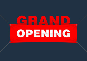 Grand opening concept - red banner suspended by grommets with swaying textile cloth with promo text info - vector poster template