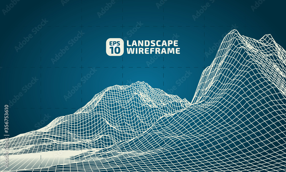 Poster abstract wireframe background. 3d grid technology illustration landscape. digital terrain cyberspace