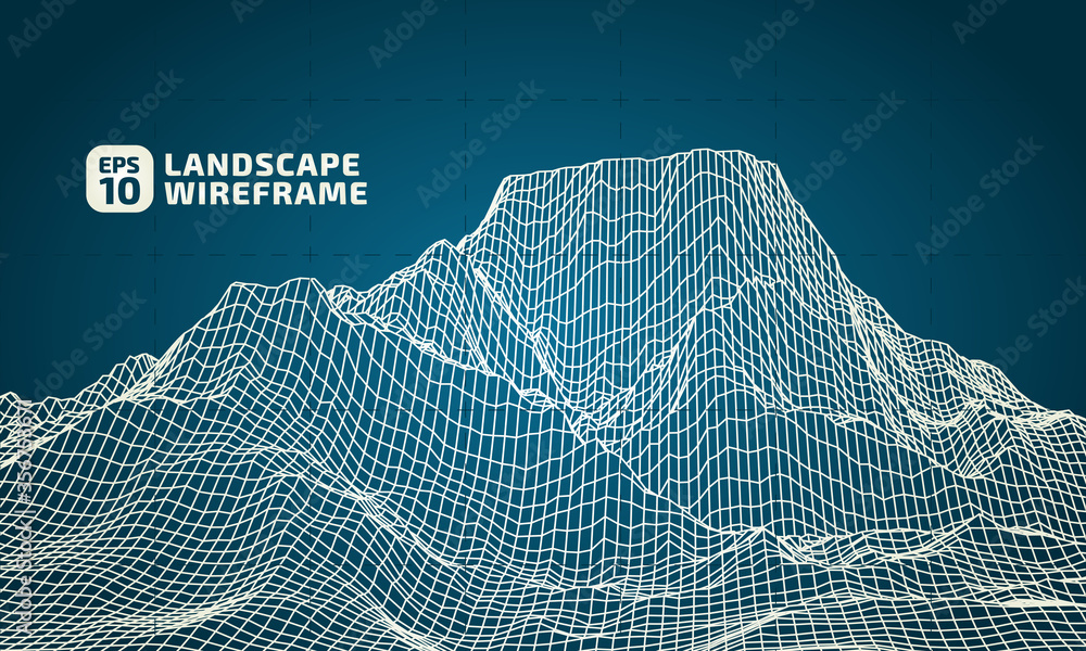 Poster abstract wireframe background. 3d grid technology illustration landscape. digital terrain cyberspace