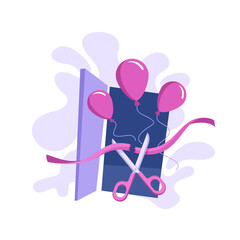 Ribbon cutting opening ceremony - scissors, wavy ribbon, open door and air balloons - vector isolated concept