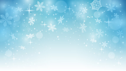 Snow background. Winter blue sky. Christmas background. Falling snow. Snowflakes swirl in the frosty air. EPS 10