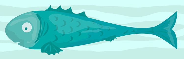 Cartoon colorful cool funny raw green fish. Isolated on blue background. Vector game icon.