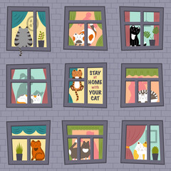Stay at home with your cat. Seamless pattern. Vector illustration.