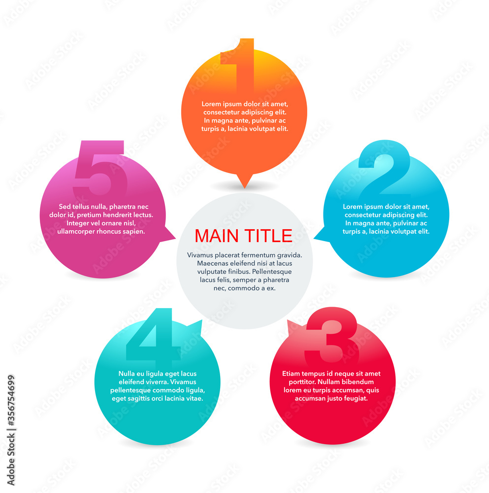 Poster 5 steps infographic template (5 points, five options) with colorful circular options fragments conne