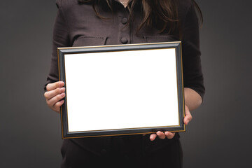 Naklejka premium Blank diploma certificate mockup in female hands close up.