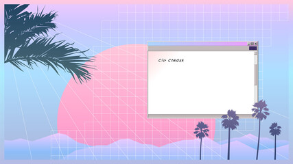 Tropical palm tree and mountain landscape with big sun, beach miami vibe. vintage/ retro futuristic vaporwave minimal background with grid lines and OS style frame